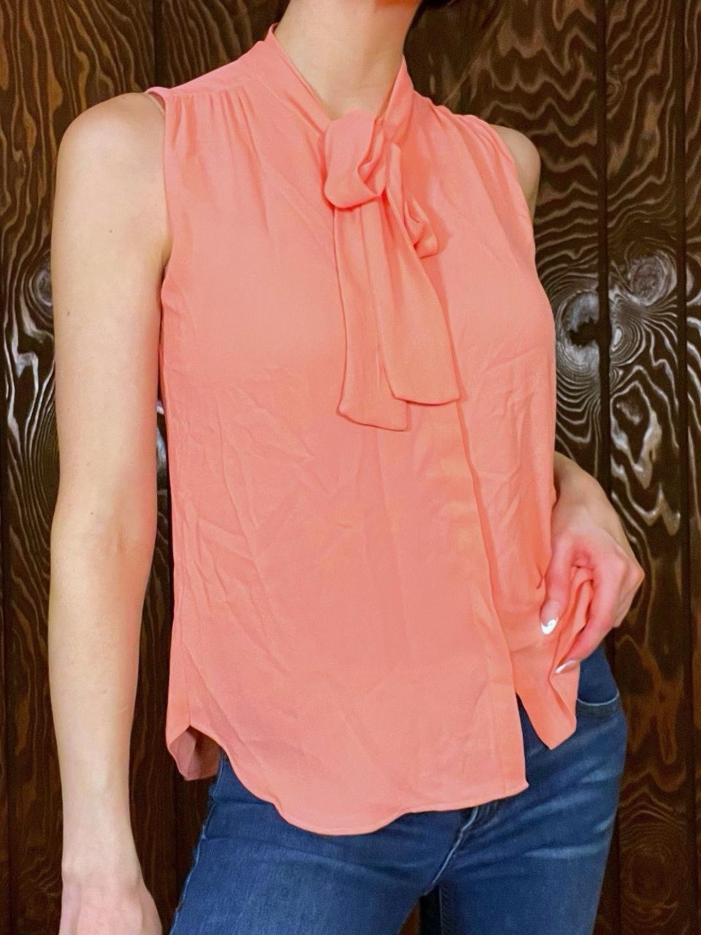 LOFT Sleeveless Tie-Neck Secretary Blouse in Coral Peach